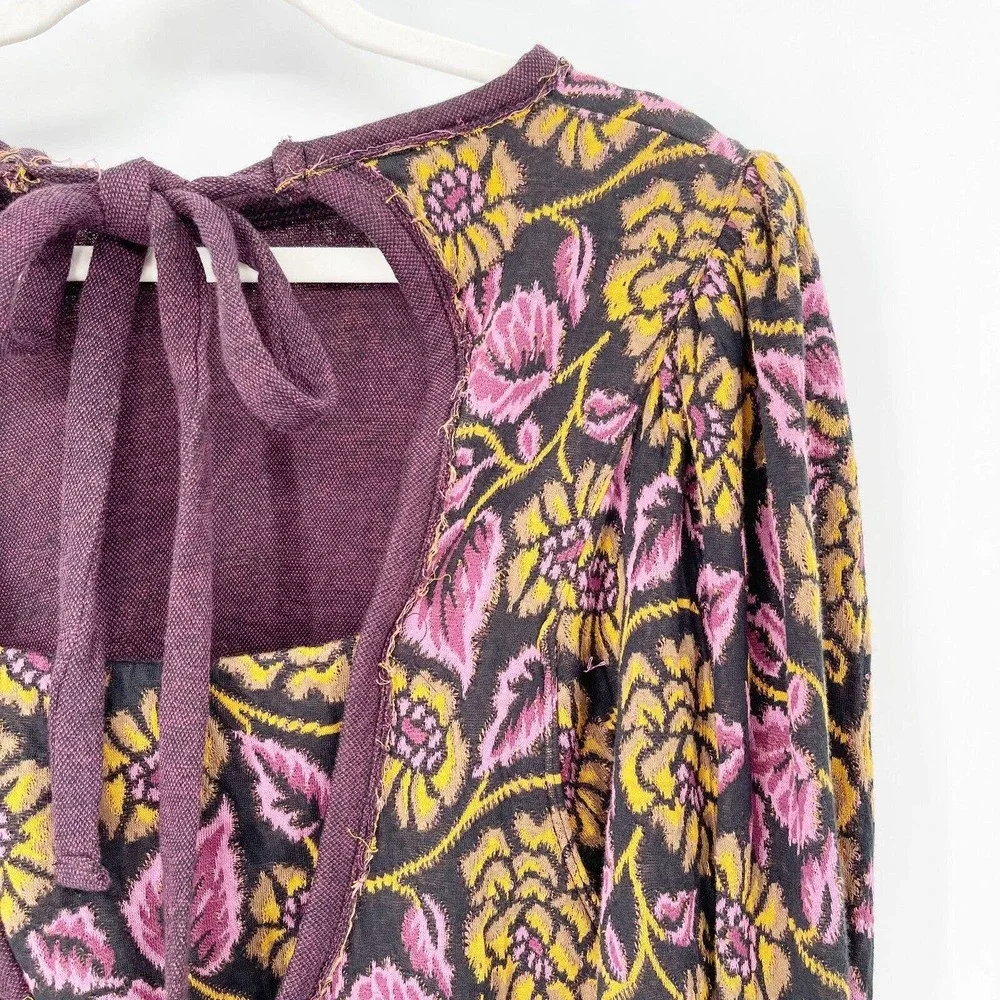 NWT Free People No Ordinary Top Tapestry Crop Blouse Sz XS Purple‎ Tie Puff Slv